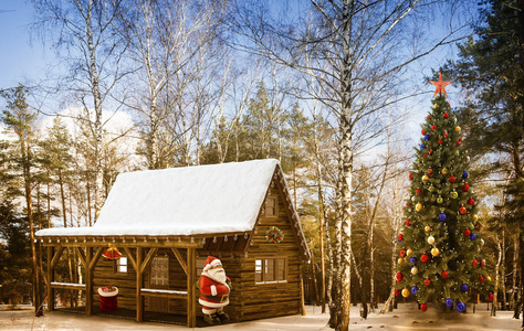 圣诞老人克劳斯在小屋在森林和一棵圣诞树