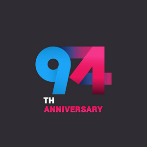 第九十四周年纪念标志庆祝, 蓝色和粉红色平面设计矢量图黑色背景