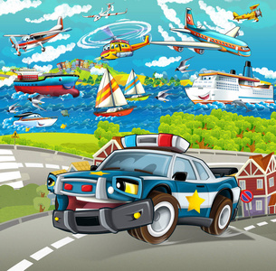 卡通场面与警察汽车驾驶通过城市飞机和船在背景例证为孩子