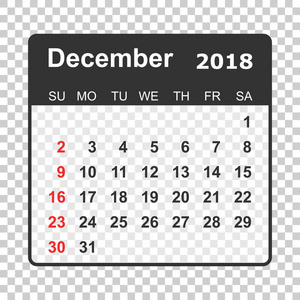 12 月 2018年日历。日历策划设计模板。周 s