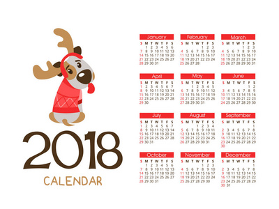 新2018的日历。狗年的象征。富