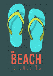 海滩夏日海报设计, 拖鞋凉鞋沙滩鞋手绘插图