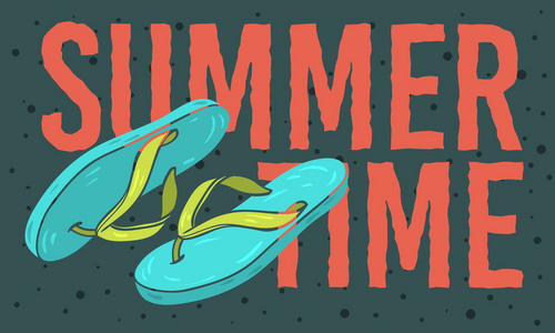 海滩夏季时间设计与触发器拖鞋沙滩鞋手绘插图