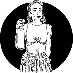 插图, 年轻的女人与瓶酒