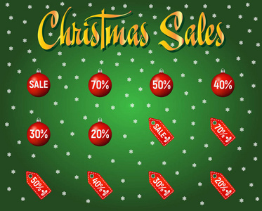 一套红色圣诞销售和折扣纸标签和圣诞树球, 圣诞节和新年销售