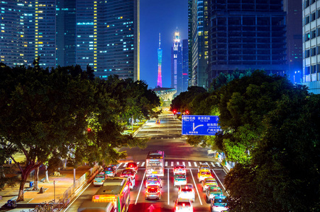 中国广州夜景交通与城市景观