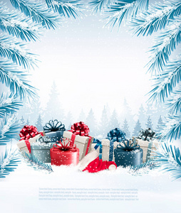 快乐的圣诞背景与树枝和五颜六色的 gi