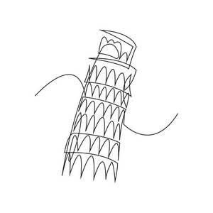 比萨斜-孤立在白色背景上的黑色一连续线描矢量图塔照片