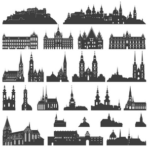 矢量收集孤立的宫殿, 寺庙, 教堂, 大教堂, 城堡, 市政厅, 大厦, 古建筑和其他建筑纪念碑剪影