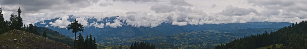 喀尔巴阡山脉的全景背景。 美丽的山和土地