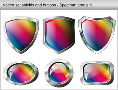 矢量插图集。 有光泽和光泽的盾牌和按钮