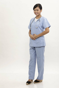 白色背景蓝色制服女护士