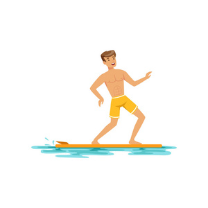 微笑的人冲浪在海洋, 水极端体育, 夏天假期矢量例证