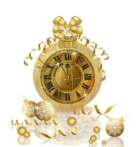 圣诞快乐, 新年与金色时钟, 矢量插画
