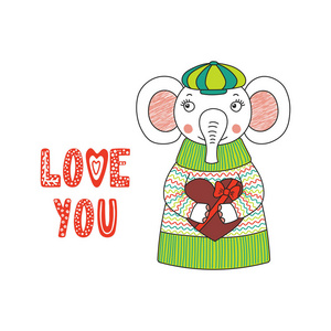 手绘矢量插图可爱滑稽卡通大象在毛衣捧着巧克力心, 情人节概念