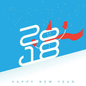 新年海报与创意打印2018年号和快乐的雪人雪橇下山