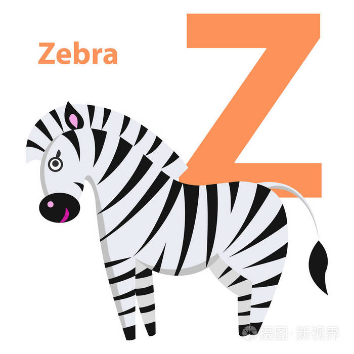 橙色字符 z 词斑马在字母表卡片