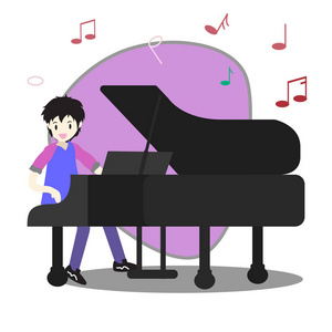 年轻男孩演奏钢琴愉快的爱音乐背景人物设计插画矢量的卡通风格