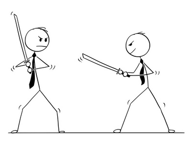 两个商人争论和准备用剑战斗的概念卡通