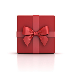 红色礼品盒或红色礼品盒用红丝带弓孤立在白色的背景阴影和反射。3d 渲染