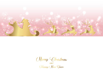 圣诞快乐, 新年愉快, 圣诞老人的黄金与驯鹿飞行, 贺卡与雪花, 矢量
