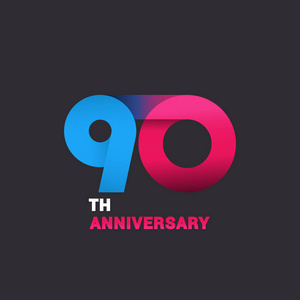 第九十周年纪念标志庆祝, 蓝色和粉红色平面设计矢量图黑色背景