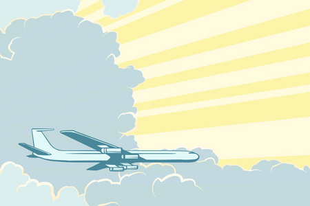 复古飞机在云层中飞行。空中旅行背景