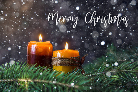 圣诞贺卡与蜡烛, 冷杉树枝和雪