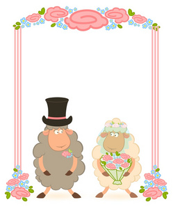 卡通羊新郎新娘背景与花弧