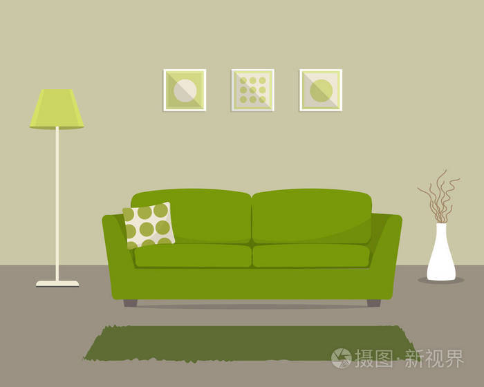 带绿色沙发的起居室