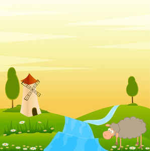 房子和卡通羊的景观背景
