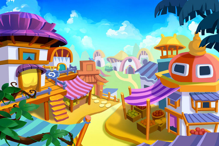 童话卡片创意插画和创新艺术: 卡通小镇.