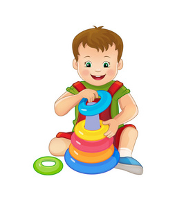 一个小男孩玩玩具, 收集金字塔圆的拼图。房子.圆形窗口。美丽的插图