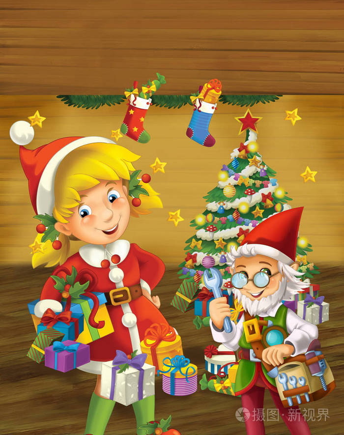 卡通场景与圣诞女孩和精灵站在附近装饰圣诞树彩色插画儿童