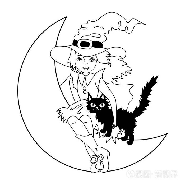 矢量万圣节女巫与坐在月亮上的猫