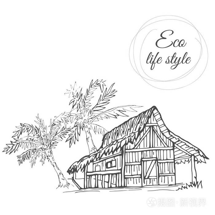 在棕榈树下与素描的风格的茅草屋顶的房子插画-正版商用图片03qo5r-摄