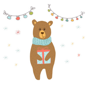 圣诞快乐可爱的贺卡与熊和礼物礼品。手绘风格的海报邀请, 儿童室, 苗圃装饰, 室内设计