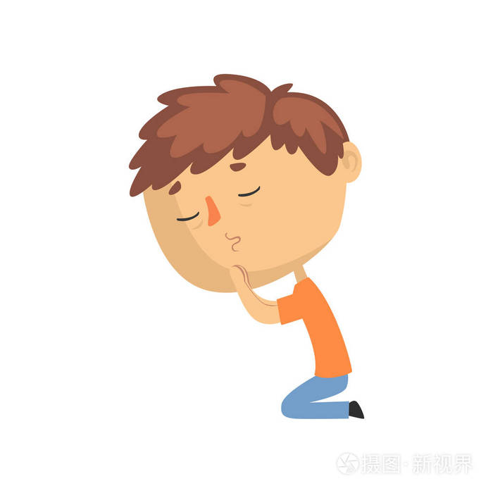 年轻人在他的膝盖祈祷闭上眼睛卡通矢量插图