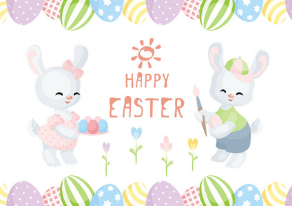 复活节贺卡与可爱的兔子和彩绘鸡蛋的形象。矢量插图