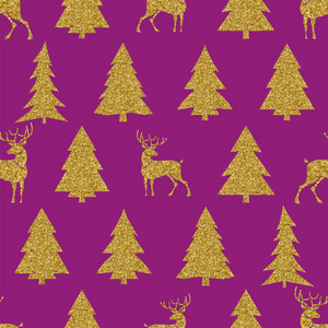 金色枞树和鹿的无缝圣诞矢量图案