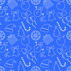 圣诞节蓝色背景手画.白色轮廓.平面设计, 插图照片