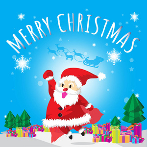 圣诞老人携带礼物和快乐的圣诞蓝调背景最好的礼物卡通