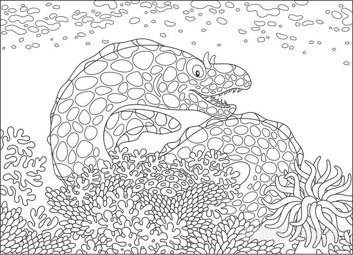 在热带海域的珊瑚礁上的一个斑点的马里, 在卡通风格的黑白矢量插图