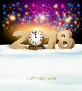 快乐新年背景与 2018年 时钟和烟花。Vect