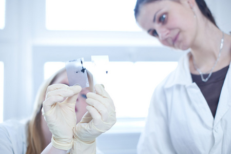 两名女性研究人员检查生物化学家的研究结果