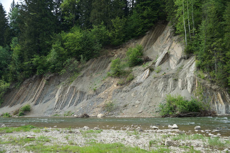 山上的普鲁特河迅速流过喀尔巴阡山山脉的山坡, 茂密的森林