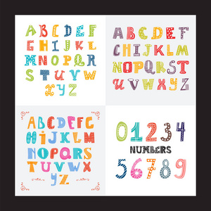 收集三有趣的字母和数字集。可爱的彩色英文字体, 手绘字样
