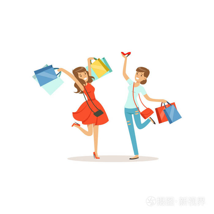 快乐的年轻妇女与购物袋乐趣, 女孩购物在购物中心彩色矢量插图