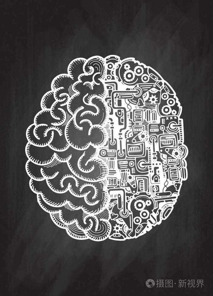 用自动计算引擎设备对人脑进行详细的人脑结合的手绘矢量图解