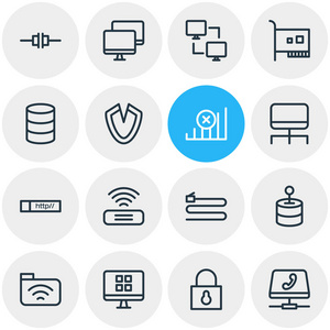矢量插图16网页图标线型。可编辑的链接计算机集控制器无连接和其他图标元素